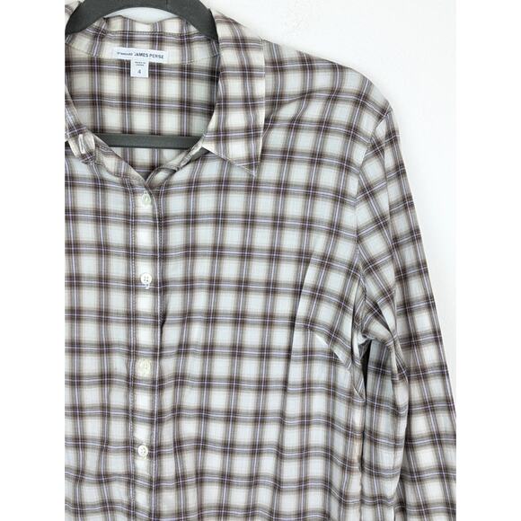 James Perse Top Plaid Western Classic Neutral Spring Fall Tan Cream Size XL - Picture 2 of 12